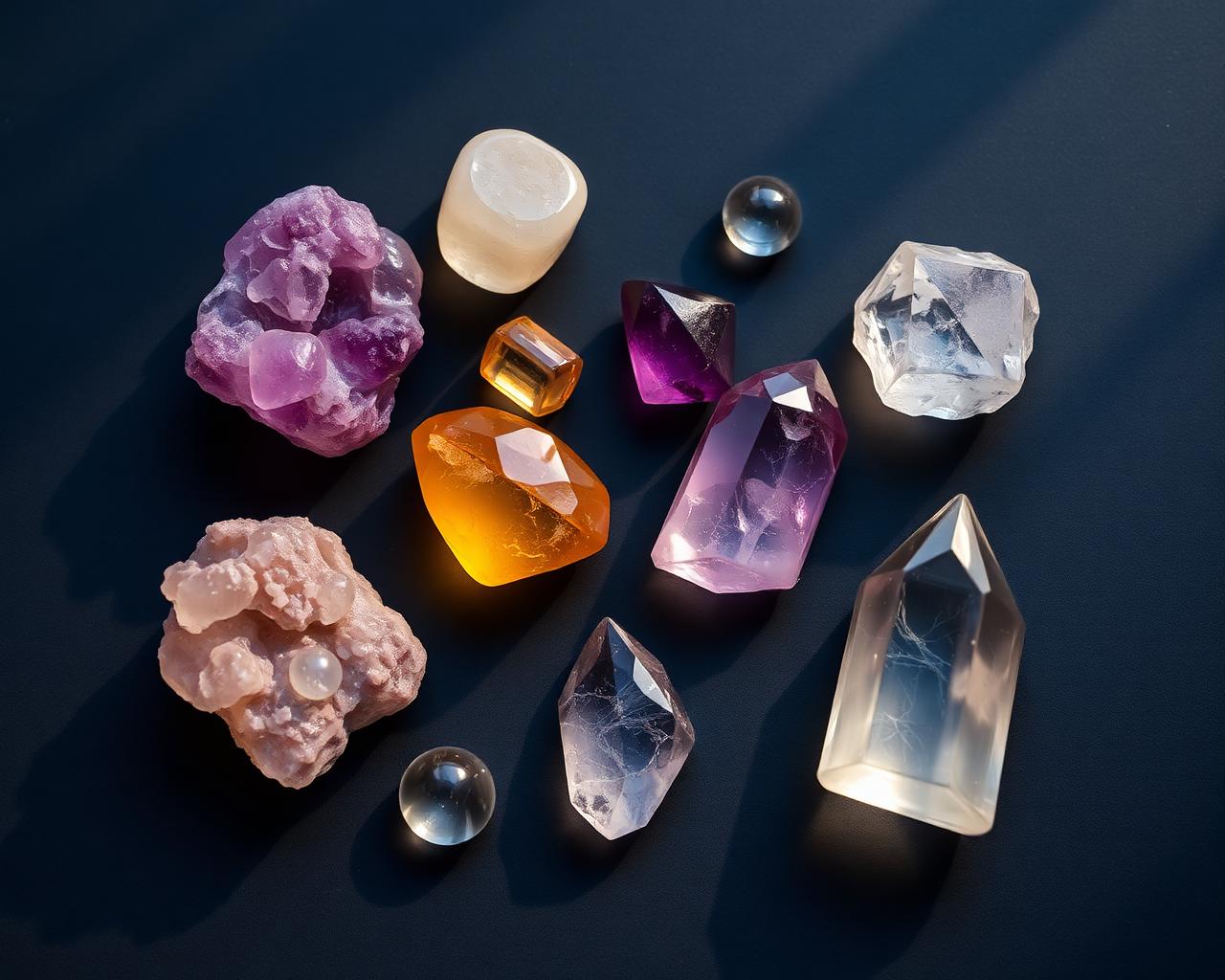 Healing crystals arranged on a midnight surface