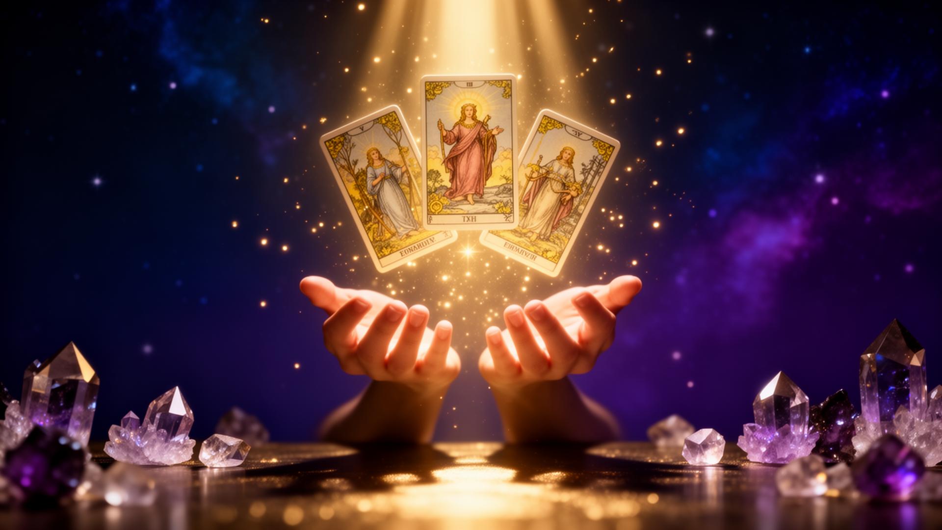 Glowing tarot cards floating above hands surrounded by crystals