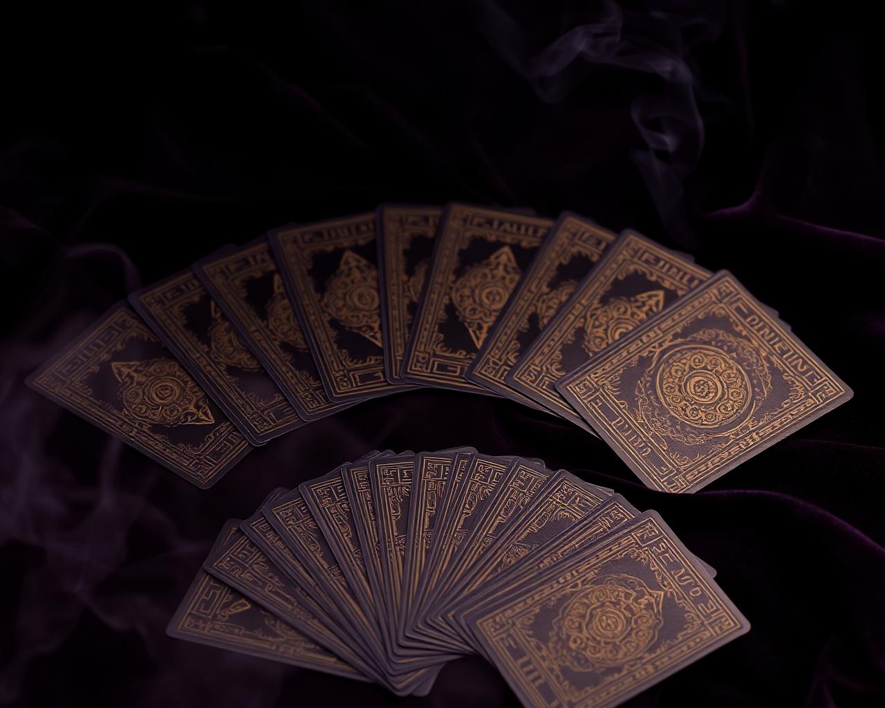 Ornate tarot cards arranged in a fan on velvet